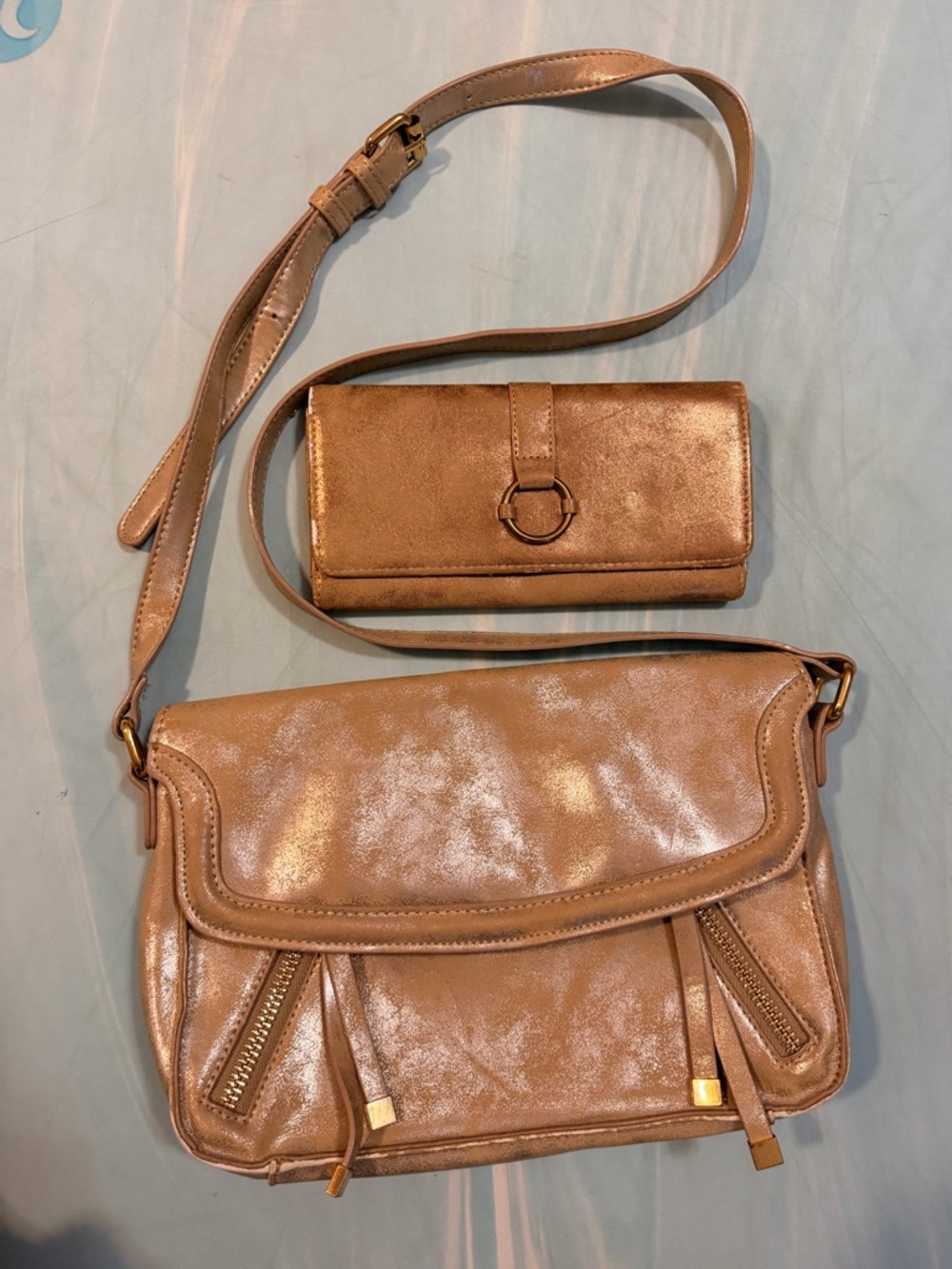Gianni Bini Metallic Gold / Tan Crossbody with Matching Wallet Set